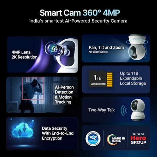 Qubo Smart 360° 4MP [Ultra 2K] Wi-Fi Security Camera [2026 Edition] by Hero Group | Indoor CCTV Cam for Home | AI Person Detection | Auto-Alarm | App Control 2