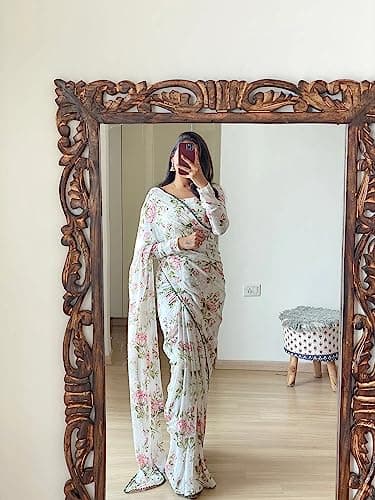 Sidhidata Women's Georgette Printed Ready To Wear one Minute Saree With Unstitched Blouse Piece (1000 Butty White_White_Free Size) 3