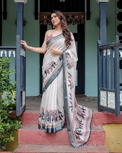 Kaugalian store Linen Cotton Elephant Printed White & Cream Saree For Women With Unstitched Blouse Piece 2