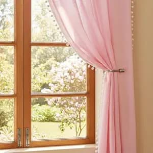 HOMEMONDE Linen Textured Sheer Curtains for Door Semi Transparent 7 Feet Long Panels Set with Border Pompoms, Plain Baby Pink - (Top Style - Rod Pocket)