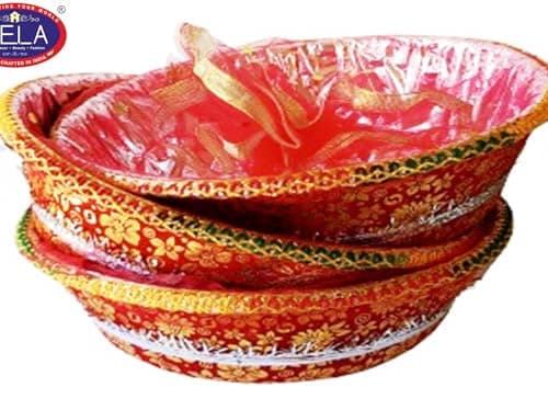 LIELA Decorative Gift Basket, 14" round Set of 6, for Diwali, Rakhi, Wedding, Navratri and any Occasions, pack variety of items waffers, chips, namkeen, juices, fruits, sweet etc. Premium Gift Hamper. 4