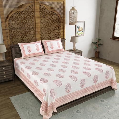 BLOCKS OF INDIA Hand Block Printed 200 TC Cotton King Size Bedsheet (Maroon Pot) 3