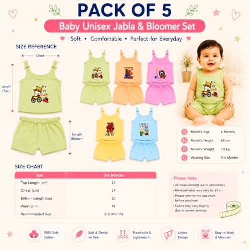 Krithvik Baby Boys & Girls Cotton Jhabla & Shorts Set | Sleeveless Vest & Strap Top with Bloomer | Snap Button | Soft Breathable Cotton | Unisex Newborn Clothing | 0-6 Months | Pack of 5 | Multicolor 5