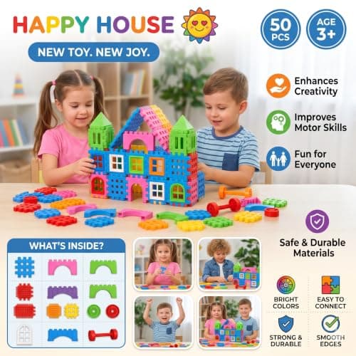 Happy House Building Blocks Set – 50 PCS Educational Construction Toy for Boys & Girls 5