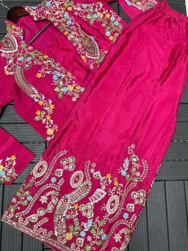 flysta Women Embroidered Jacket Palazzo Set Heavy Chinon Indo Western Ethnic Outfit (Rani Pink) 3