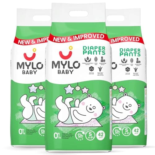 Mylo Baby Diaper Pants Small (S) Size 4-8 kgs (126 count) Leak Proof | Lightweight | Rash Free | Upto 12 Hours Protection | ADL Technology | with Aloe Vera Lotion (42 Count, Pack of 3)