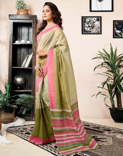 SIRIL Women's Chanderi Cotton Printed Ready to Wear with Pocket Saree with Unstitched Blouse Piece (47RS434_Green) 2