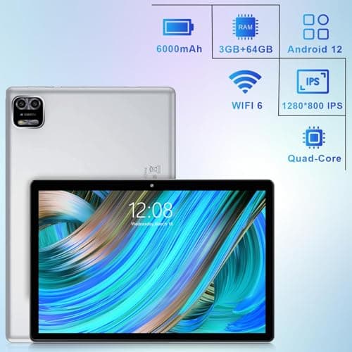 WeTap Android Tablet 10 Inch 3GB RAM 64GB ROM Android 12 Tablets Octa-Core Processor 1280x800 IPS Display Tablet with Camera 2+8MP WiFi Bluetooth 6000mAh Battery (Silver) 4