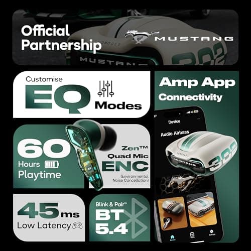 GOBOULT Mustang Torq Wireless in Ear Earbuds with 60H Playtime, App Support, Quad Mic ENC, 45ms Low Latency, 13mm Driver, Breathing LEDs, Made in India Ear Buds Wireless (Green) 3