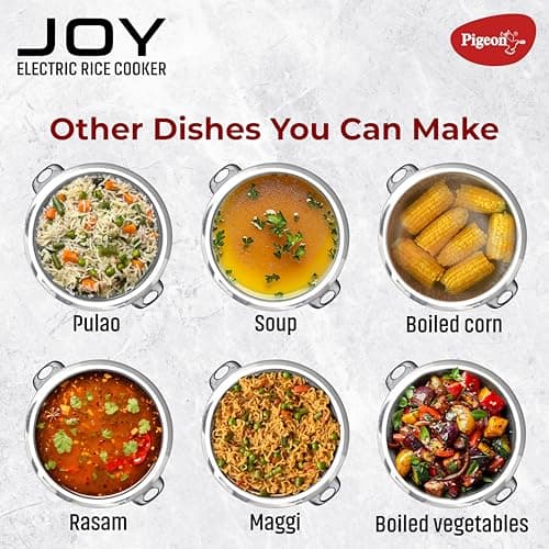 Pigeon by Stovekraft Joy Rice Cooker with Single pot, 1 litres. (White) | Toughened Glass Lid | 400 Watts | Aluminium Cooking Pot | Measuring Cup| Spatula | Energy Efficient Cooking 5