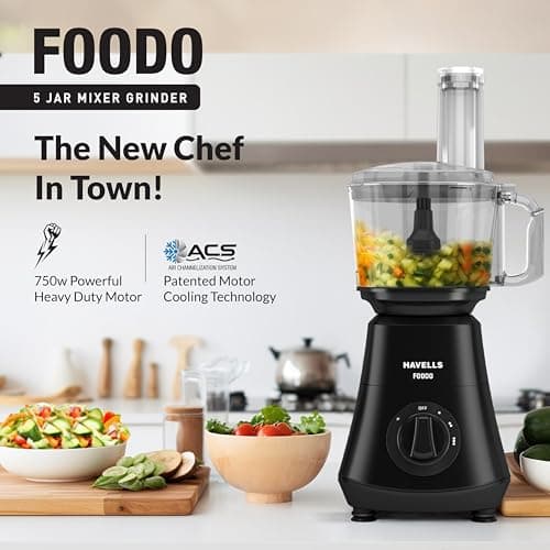 Havells Foodo 750 Watt Mixer Grinder with 5 Jars | Includes Food Processor Jar with Dual Pusher | 14-in-1 Functionality | Rust-Resistant 304 SS Blades | Storage Box | 5-Year Motor Warranty (Black) 2