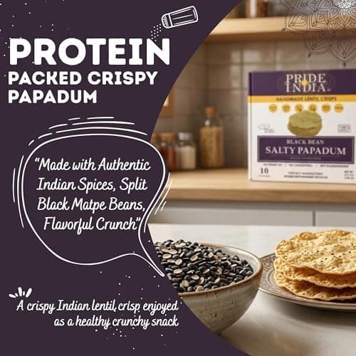 Pride of India Salty Black Bean Papadum – 10 Count (3.5 oz/ 100g) | Namkeen Papad (Lentil Crisps) | Easy to Cook, Light & Crunchy Poppadom Crackers | Gluten-Free, Vegan, Healthy Protein Snack 3