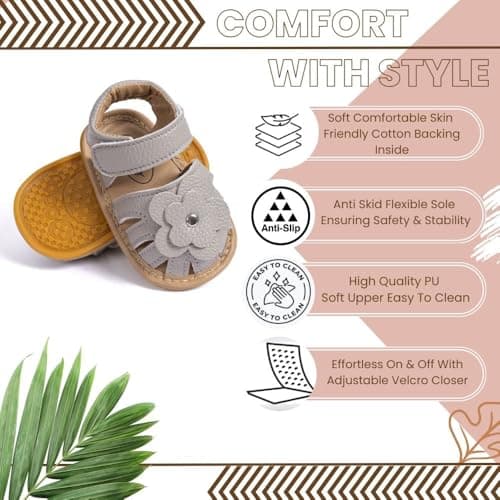 Neska Moda 6 to 12 Months Baby Girls Anti-Slip Floral Design Hook & Loop Sandal (Grey)-BT4674 2