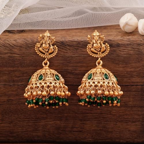 Rubans Earrings Temple Divine Ganesha Jhumka Emerald Green Color Jewellery Gift for Women & Girls 3