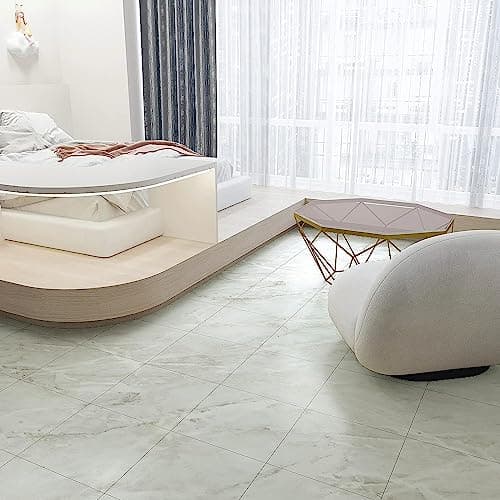 2 PC Marble Floor Peel and Stick Tiles PVC Waterproof Self-Adhesive Vinyl Flooring Sticker Wall Backsplash Tiles for Bathroom Bedroom Kitchen Living Room Home (JIL-56T (12"x12") White) 5