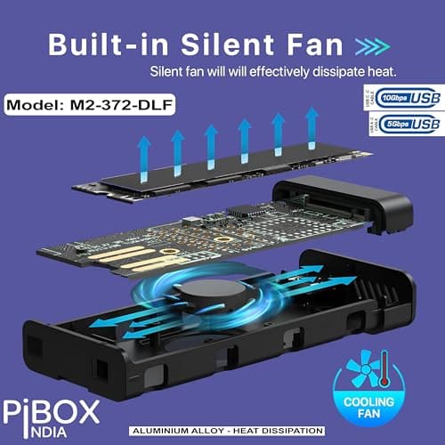 NVME M.2 Fan Enclosure, PiBOX India Dual protocol NVMe/NGFF SATA SSD Enclosure Smart Fan- USB 3.2 10Gbps, Tool-Free M.2 NVMe Case, PCI-E NVMe to USB-C, Supports M, B&M Keys 2230/2242/2280 SSD RTL9210B 4