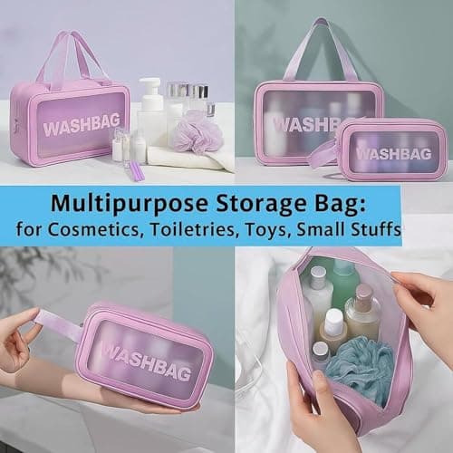 FLYNGO Clear Makeup Pouch Set, Cosmetic Organizer Bag for Women and Girls Travel Waterproof Toiletry Storage Kit (Set of 3 Purple) 5