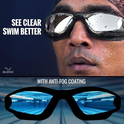 SLOVIC Swimming Goggles & Cap Combo | Anti-Fog Swimming Goggles for Men | Swimming Cap for Men | UV Protected Swimming Goggle for Women with Adjustable Straps | Unisex Swim Accessories [Black] 4