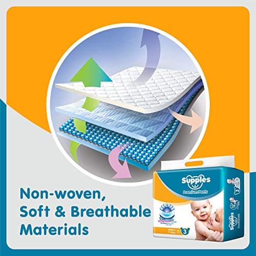 Amazon Brand - Supples Premium Baby Diaper Pants | 72 Baby Diapers | Medium | 7-12 Kg | 12 Hrs Absorption | Cushiony Cotton Soft Fabric | Phthalates-Free | Triple Leak Guard 4
