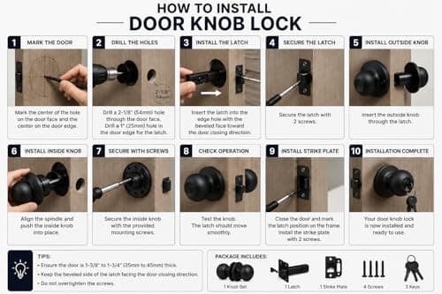 Heavy Duty Door Lock with 3 Keys | Black Cylindrical Lock/Tubular Door Knob/ 30mm to 50mm Door Thickness/Lock for Main Door, Bedroom & Office (Matt Black, with Key) 4