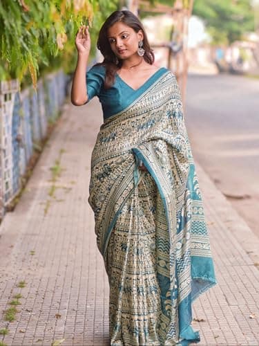 EthnicJunction Women's Art Silk Kalamkari Print Saree With Blouse Piece (Teal) 3