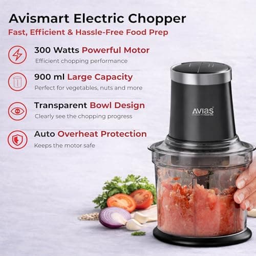 AVIAS Avismart Electric Vegetable Chopper for Kitchen with 2 Speed Modes, 300 Watts Copper Motor, 900 ml | 4 Stainless Steel Blades to Chop Vegetables, Nuts | 2 Years Warranty (Black) 4