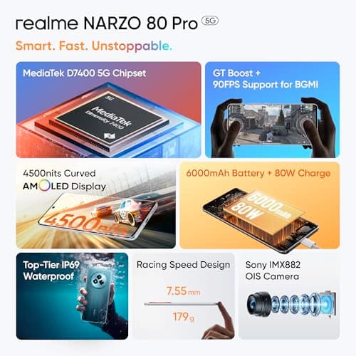 realme NARZO 80 Pro 5G (Racing Green,8GB+256GB) | Segment's 1st MediaTek Dimensity 7400 Chipset | 6000mAh Titan Battery + 80W Ultra Charge | 4500nits HyperGlow Esports Display | IP69 Waterproof 3