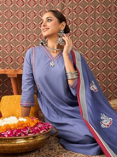 INDO ERA Women's Pure Cotton Embroidered A-Line Calf Length Kurta with Pant & Dupatta Set (Blue_IESTR10908_Small) 2