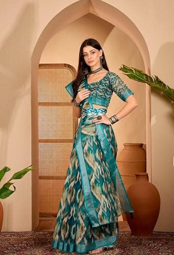 OYZO Women's Silk Blend Saree with Ikat Print, Teal and Beige, Traditional Indian Ethnic Wear 4