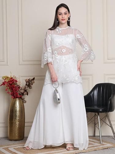 Inara, Relaxed Fit embroided Net Indo western Kurta set (White) 4