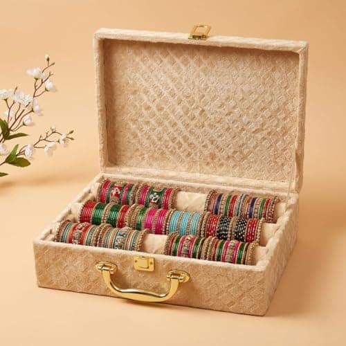 Bubs Spun Bangle Organizer Box for Women, 3 Rod Bridal Chudi Storage Box with Handle & Lock, Premium Velvet Bangle Holder for Bangles, Chudi, Kada & Bracelets, Beige