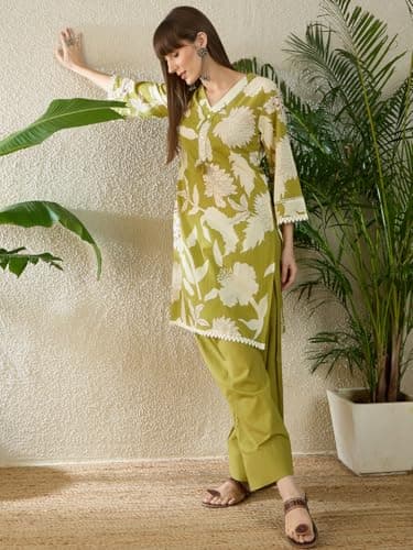 INDO ERA Women Green Pure Cotton Co-Ord Set | Kurta Pant Set for Casual Wear,IESTR12162M | Co Ord Set For Women Stylish | 5