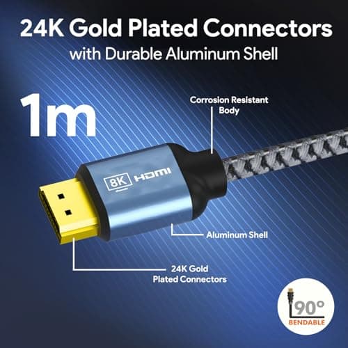 Amkette Ultra High Speed HDMI 2.1 Cable (1m/3.3ft) | 8K@60Hz, 4K@120Hz | 48Gbps | Certified with QR Code | eARC, HDR10+, VRR Support | Gold-Plated Connectors | Braided HDMI Cable for TV, PS5, Xbox 5