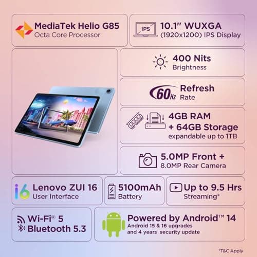 Lenovo Tab | 10.1" Display, 4G (LTE) + Wi-Fi (Calling)| 4 GB RAM+64 GB ROM (Expandable up to 1 TB), MediaTek Helio G85,Metal Body, Dual Speakers with Dolby Atmos, Android 14, 5100mAh Battery, Grey 2