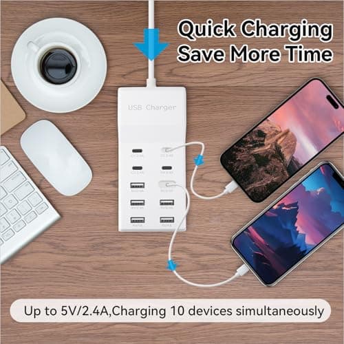 USB Charging Station, 10 Ports Family-Sized USB C Charger Block,USB Power Strip for Smart Phone Tablet Laptop Computer (1 Pcs) 2