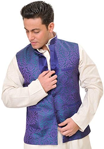 Exotic India Jacquard-Woven Banarasi Waistcoat with Floral Weave in Self - Color Purple OpulenceGarment Size 40