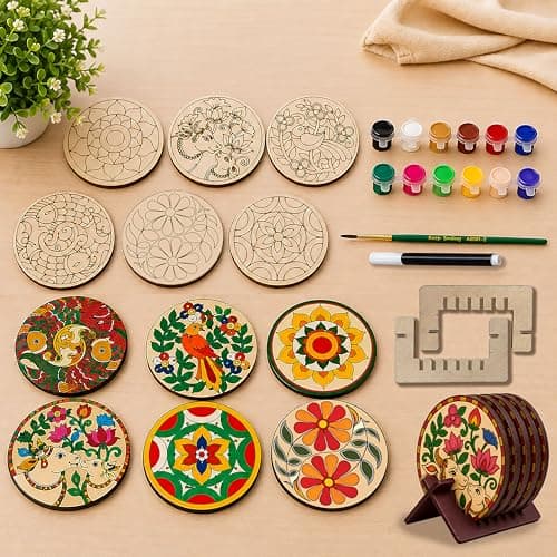 magixpix DIY Coaster Painting Kit – 6 Pre-Etched MDF Wooden Coasters with 12 Tempera Colors, 2 Brushes, Sketch Pen & Display Stand | Indian Art Craft Activity Kit for Kids & Adults