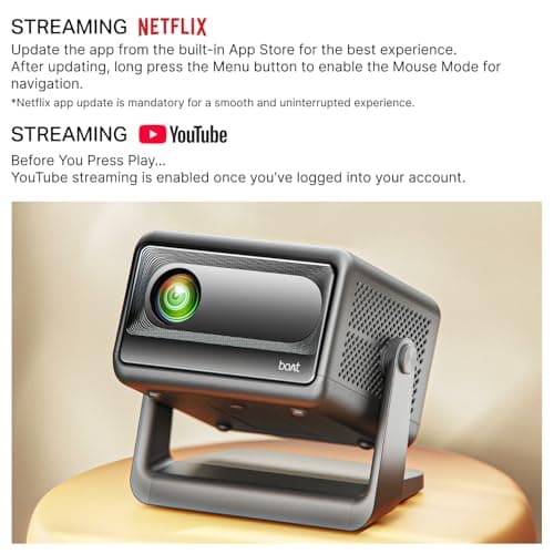 Boat CineHead E1 Smart Projector with Built-in Netflix & Prime Video, 150 ANSI Lumens, Native 720p with 1080p & 4K Support, Vertical Keystone, 3W Speaker, Adjustable Stand (Carbon Black) 3