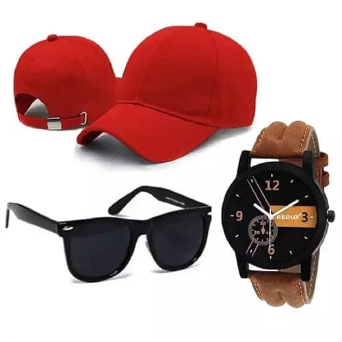 FY LANE Combo Pack of 3 Stylish Dial Watch, Stylish Sport Baseball Cap & Stylish Aviator Wayfarer Sunglass for Men's and Boy's (Pack of 3) Red