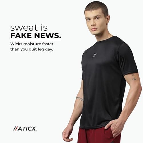 ATICX Slim Fit Pack of 3 Polyester Sports T-Shirts for Men - Round Neck Quick Dry Half Sleeve Breathable Stylish Gym & Workout Combo for Running, Cycling, Football, Swimming, Black, Grey & Wine, XXL 3