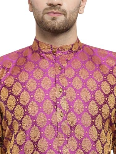 ALMORA Men's Jacquard Silk Kurta for Men Pink 5