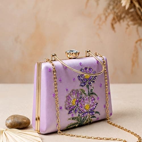 Artklim Lavender Floral Embroidered Clutches for Women | Wedding Clutches Stylish | Bridal Occasion Bag with Detachable Strap and Handle 5