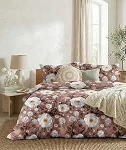 LOOMLYFE 300 TC 7D Cotton Feel Glace Cotton Elastic Fitted Printed King Size Double Bed Bedsheet with 2 Pillow Covers Fits Upto 8 inches Mattress, Size- 72X78 Inches - BrownWhiteFlower