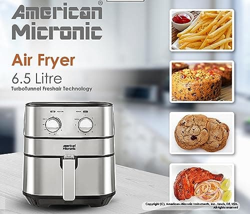 AMERICAN MICRONIC® 6.5 L Air Fryer for Home | 1700W Rapid Air Technology | Removable Basket | 60-Min Timer | Fry, Grill, Roast & Bake | Free Recipe Book | AMI-AFM-65LDx (Black & Steel) 6