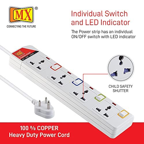 MX 4 Way Universal Power Strip with Individual Switch, 1.5 Meter Extension Board with Safety Shutter, Multi Plug Heavy Duty Extension Cord with Power Indicator for Home Office Computer Use 5