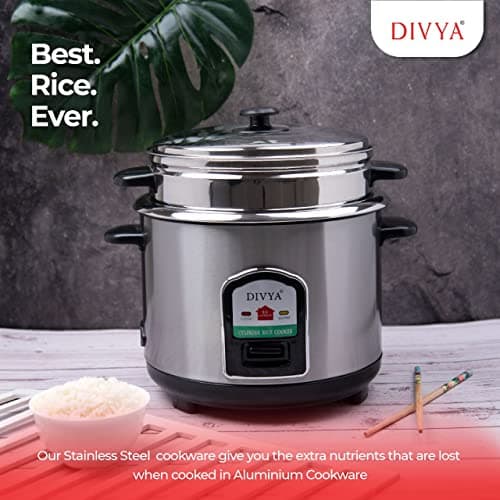 DIVYA Stainless Steel 1.8 Liters Cylinder Electric Rice Cooker 700W and Steamer 2