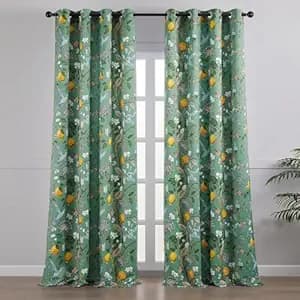 BFAM Floral Print 100% Blackout Curtain with Black Linning at Back,Green Bird Print Curtains for Living Room/Bedroom Thermal Insulated Energey Saving 5 Feet Pack of 1 Curtain