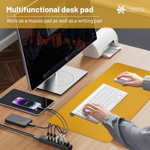 ONSTR Reversible Desk Mat 800×400mm – Dual-Sided PU Leather Office Table Pad – Waterproof, Anti-Slip Mouse Pad for Laptop, Keyboard – Work from Home, Office, Gaming -(Yellow & Nevy Blue) 3