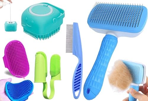 5 Pcs Self Cleaning Slicker Shedding Brush Pet Bath Massage Brush With Soap & Shampoo Dispenser Soft Silicone Bristle Finger Toothbrush & Stainless Steel Comb For Long Short Haired Dogs Cats Shower Ba