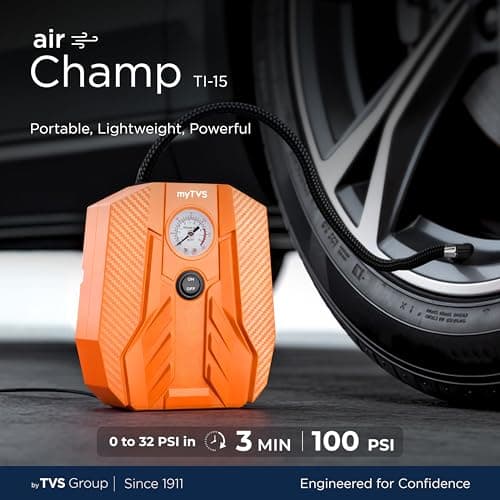 myTVS air Champ Portable Tyre Inflator for Car, Bike, Cycle with 100 PSI Pressure | 12V DC | Analog Air Pump for Car tyre with LED Torch & Long Cord | 1+1 Years Warranty (TI-15) 2
